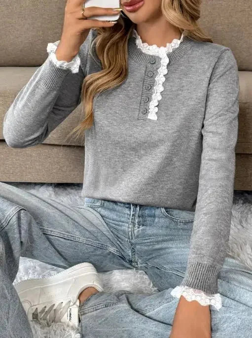 Vintage-style women's grey long-sleeve sweater, knit with a lace mock-neck. Versatile for everyday wear.