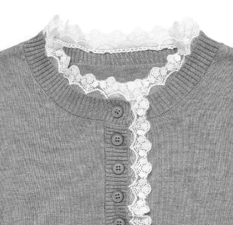 Stylish women's grey knit top with long sleeves & an elegant lace mock-neck, perfect for fall/winter.