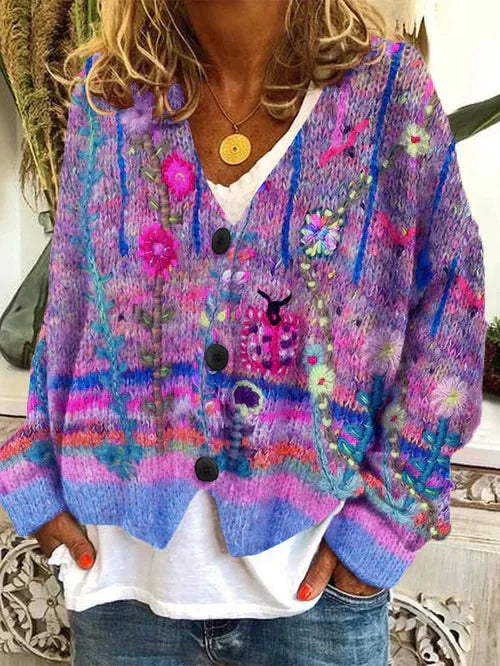 Comfortable and fashionable women's long sleeve sweater in a vibrant retro print.