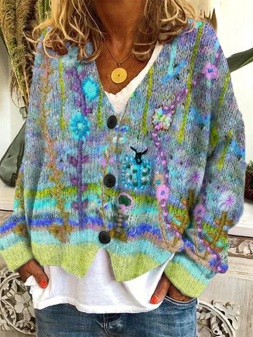 Chic women's cardigan with eye-catching retro print, perfect for fashionable layering.