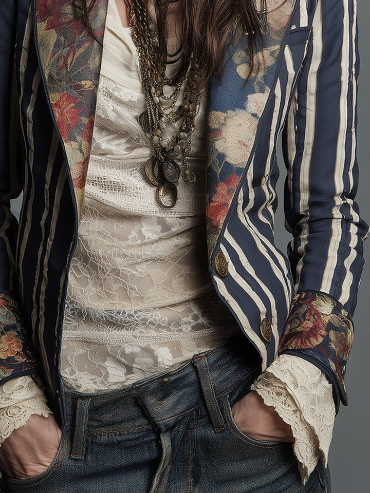 Women's striped bohemian chic jacket, a long sleeve retro blazer for sophisticated layering and style.