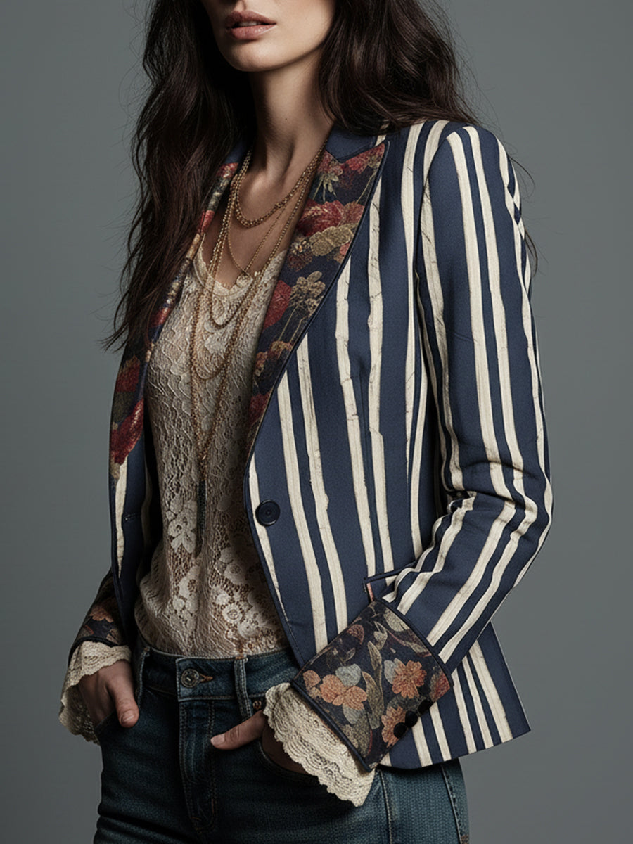 Bohemian chic striped jacket for women, an elegant patterned blazer for versatile layering and style.