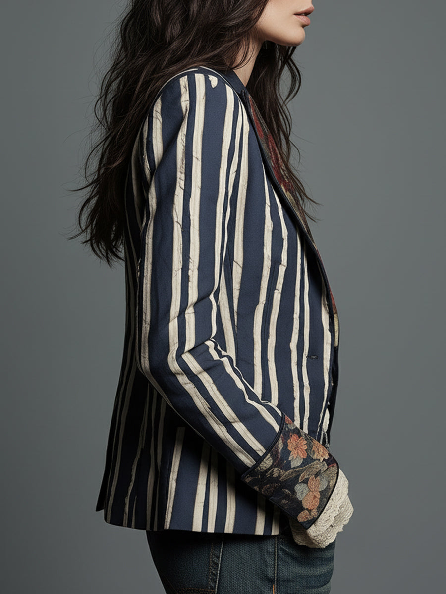 Elegant women's striped blazer, a retro statement piece of outerwear for sophisticated style.