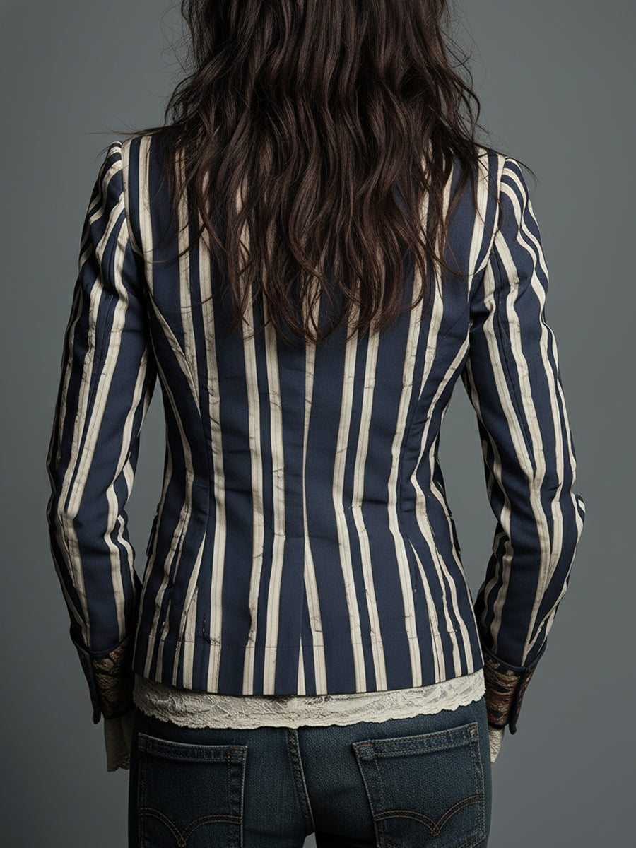 Long sleeve women's retro striped blazer, showcasing bohemian chic and sophisticated fashion.
