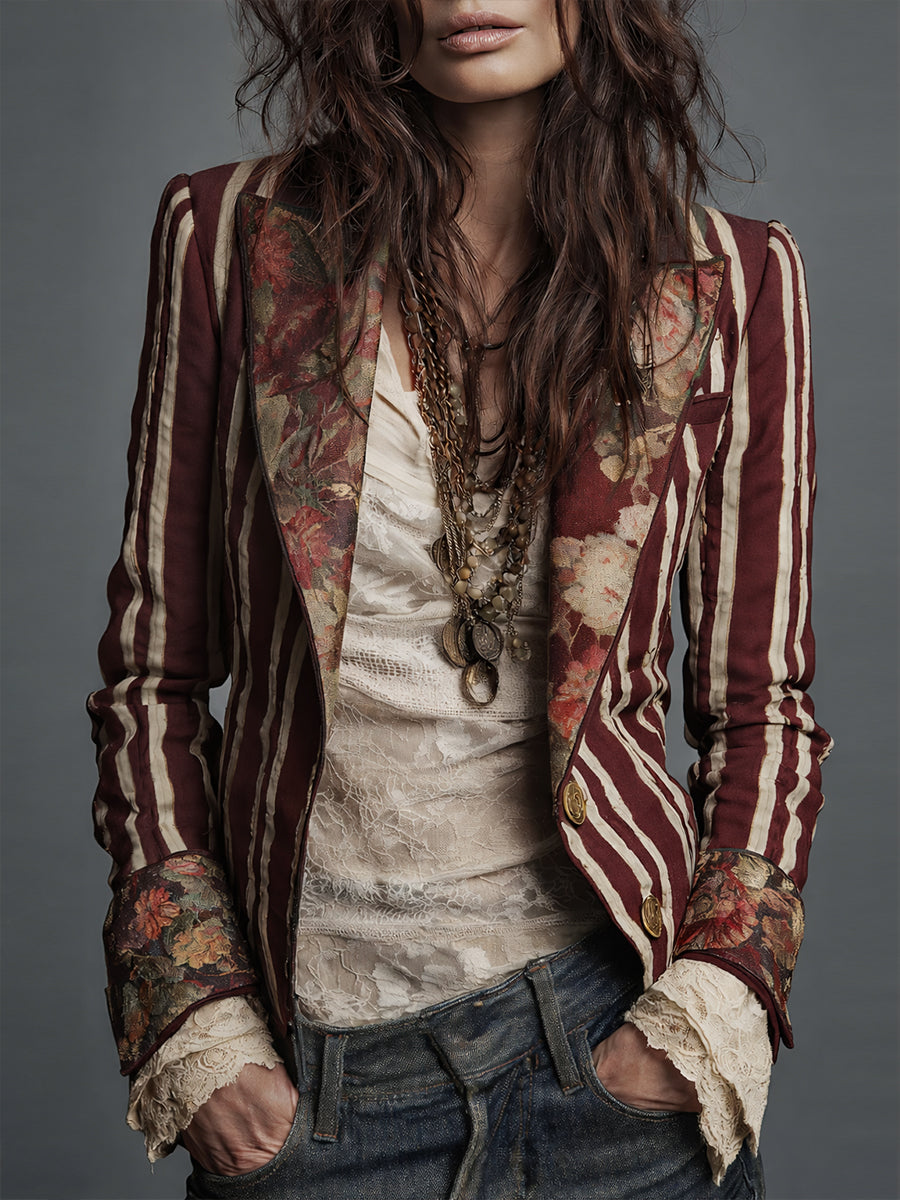 Versatile women's striped jacket, a bohemian chic blazer for elegant layering and retro fashion.