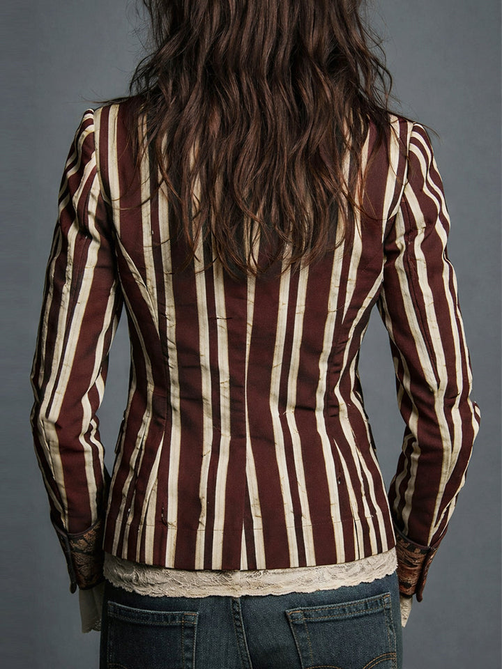 Patterned bohemian chic blazer for women, a stylish striped jacket for retro and sophisticated looks.