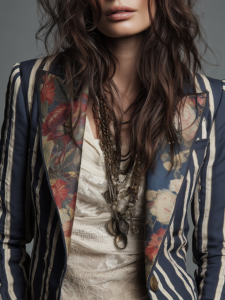 Elegant women's striped outerwear, a retro bohemian chic blazer perfect as a statement piece.