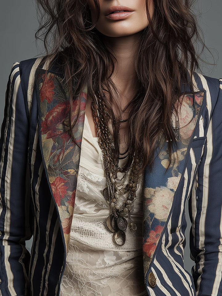 Elegant women's striped outerwear, a retro bohemian chic blazer perfect as a statement piece.