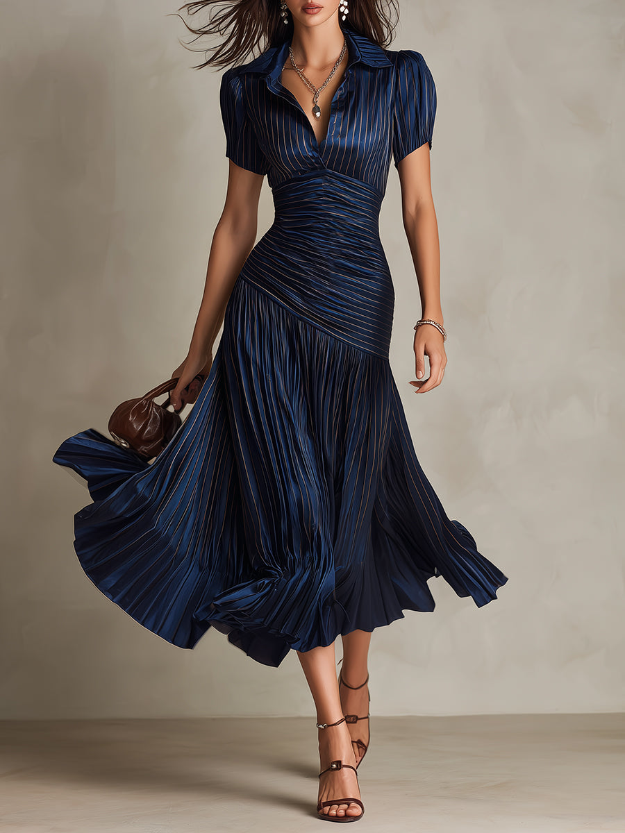 Women's retro striped midi dress with short sleeves for elegant, versatile style. Perfect for spring & summer outfits.