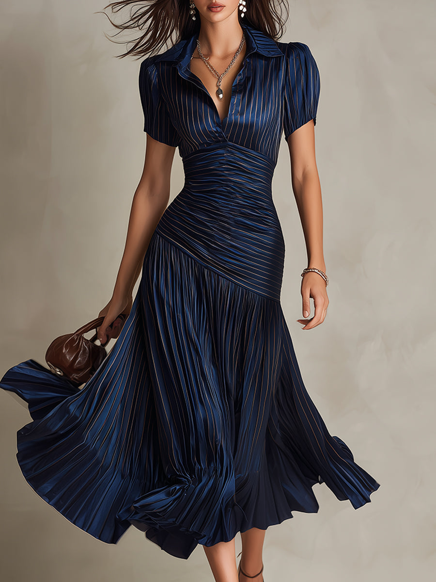 Light & airy women's short sleeve midi dress with retro stripes, an ideal and elegant outfit for spring & summer.