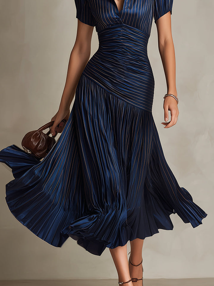 Women's classic retro striped short sleeve midi dress. Elegant & versatile for spring, summer, and timeless style.