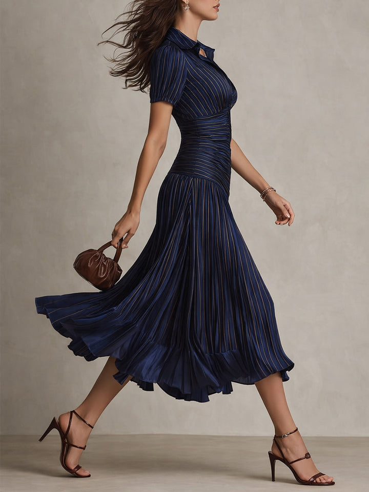 Versatile women's midi dress. Retro stripes & short sleeves make it ideal for spring, summer, or elegant occasions.