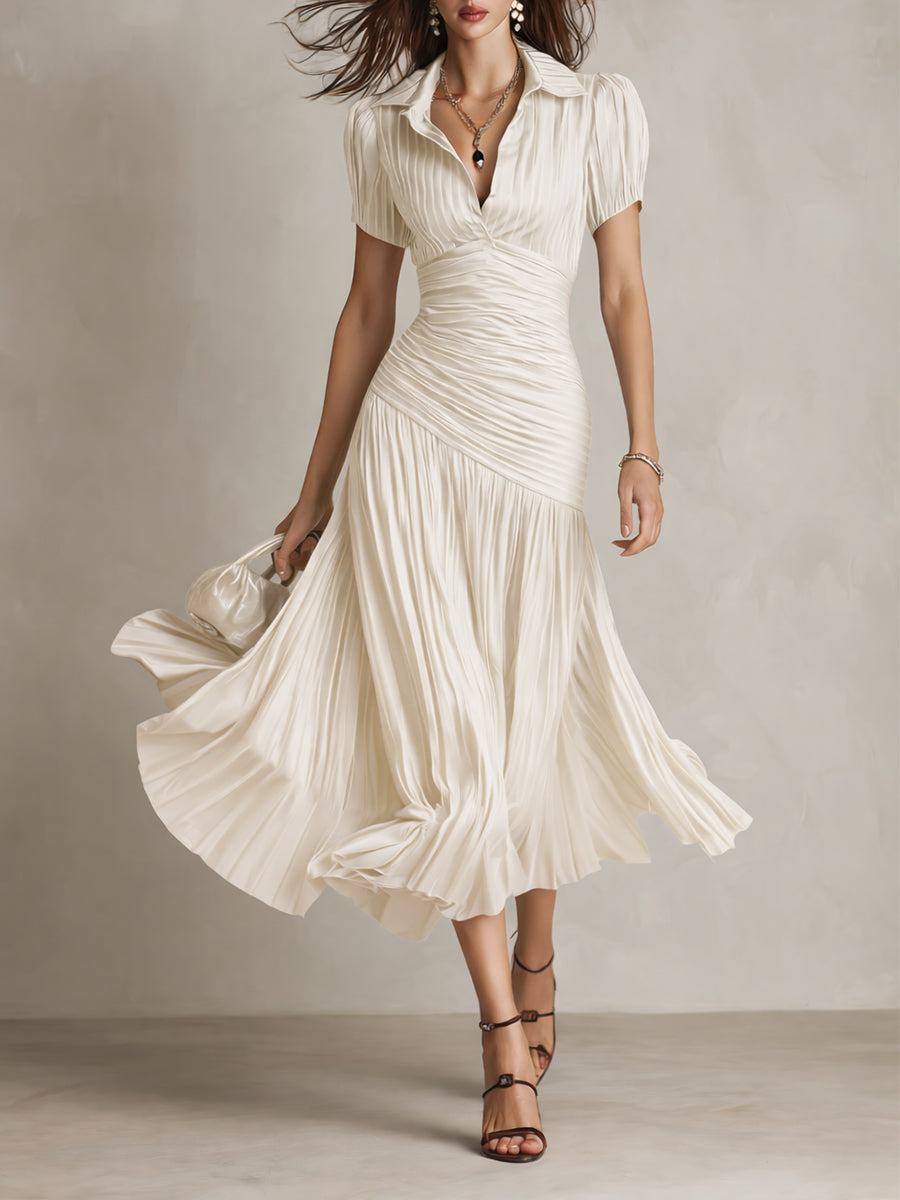 Elegant women's retro striped short sleeve midi dress, perfect for spring events or a chic summer outfit.