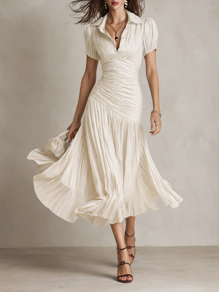 Elegant women's retro striped short sleeve midi dress, perfect for spring events or a chic summer outfit.