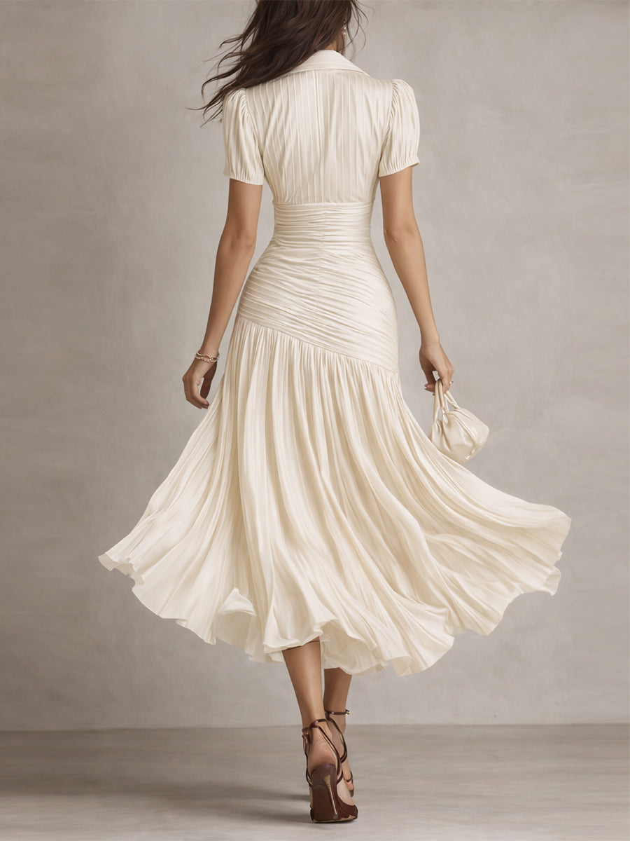 Feminine short sleeve midi dress featuring a stylish retro striped pattern for comfortable, timeless wear.