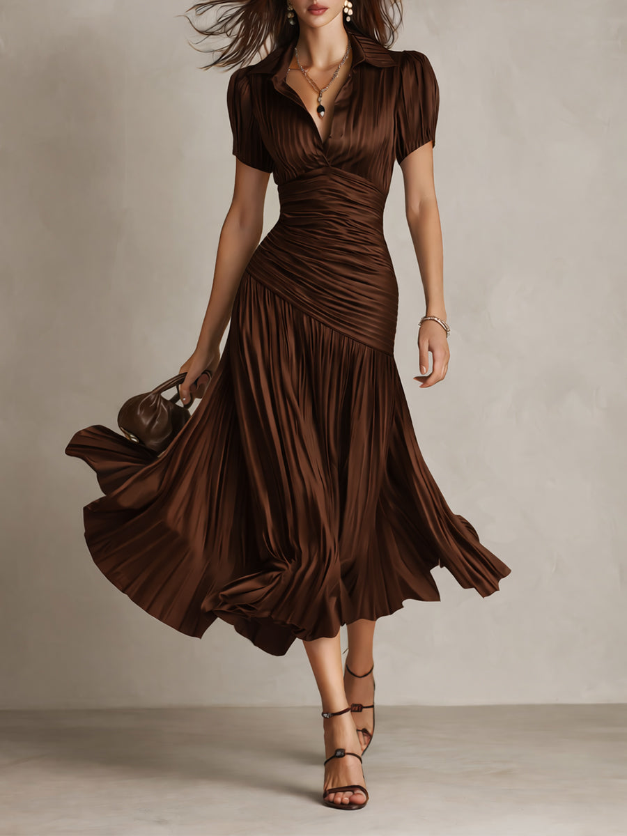 Full-length view of a women's short sleeve retro striped midi dress, embodying timeless style for versatile wear.