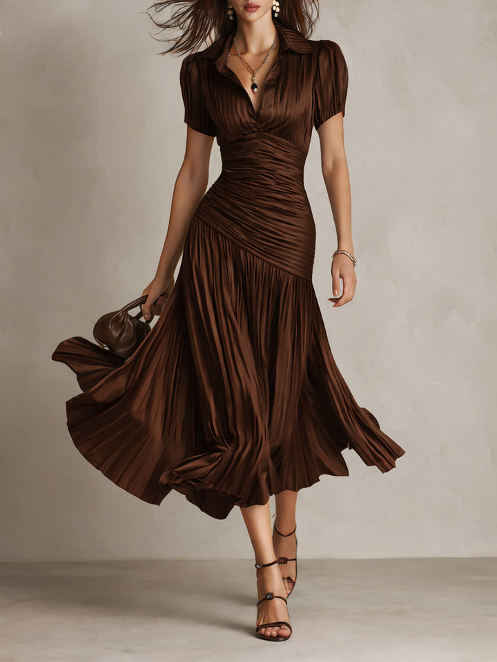 Full-length view of a women's short sleeve retro striped midi dress, embodying timeless style for versatile wear.
