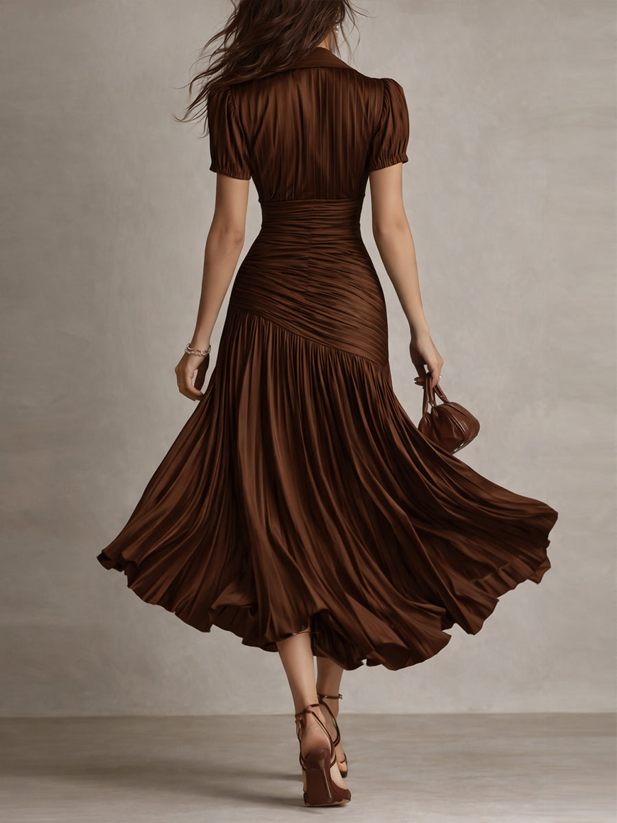 Back view of a women's elegant retro striped short sleeve midi dress, showcasing its versatile silhouette.