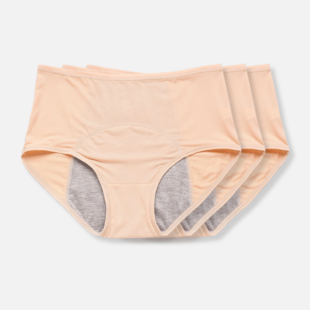 Hygienic women's reusable leak-resistant briefs, washable protective underwear for personal incontinence care.