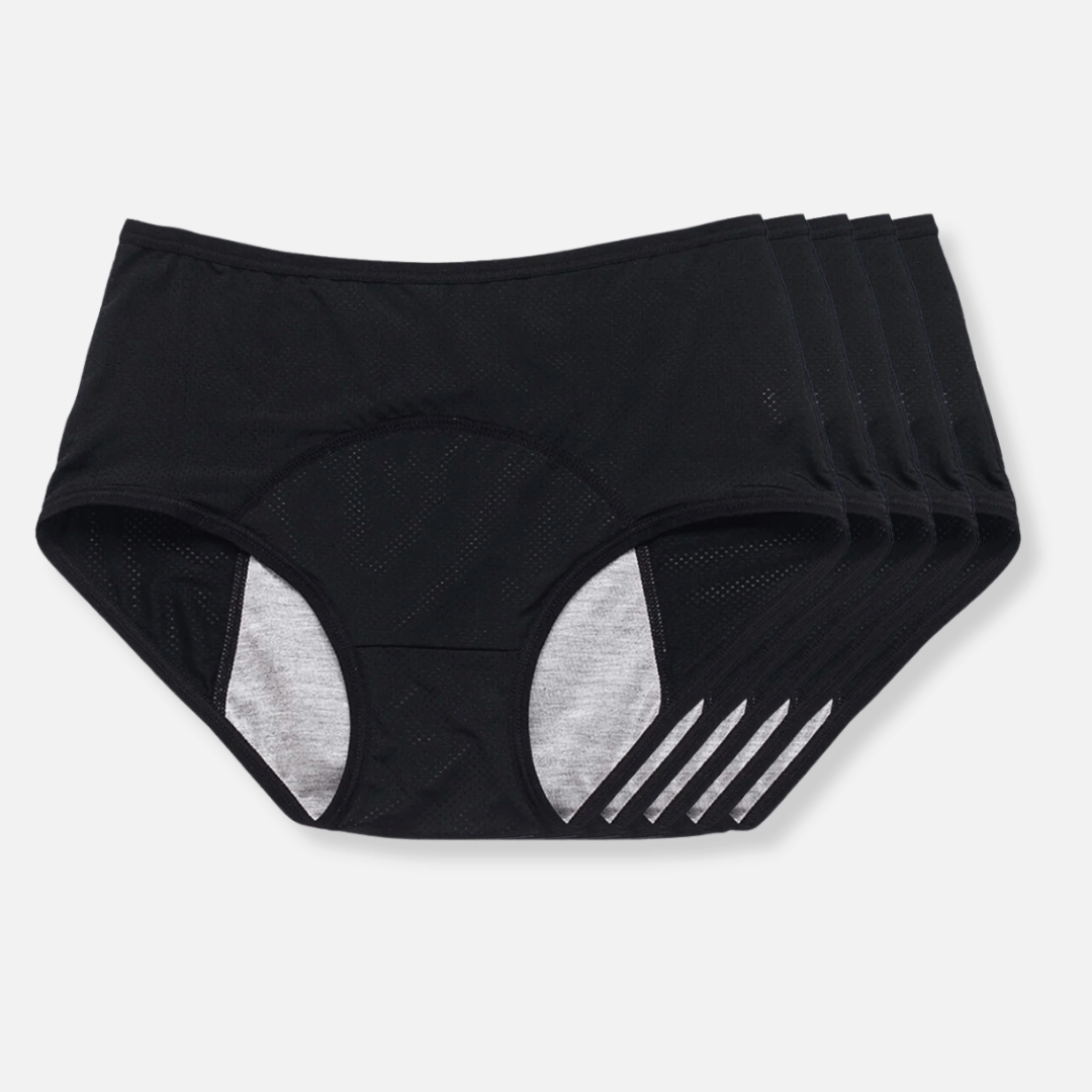 Female reusable leak-resistant protective briefs, discreet and comfortable incontinence underwear solution.