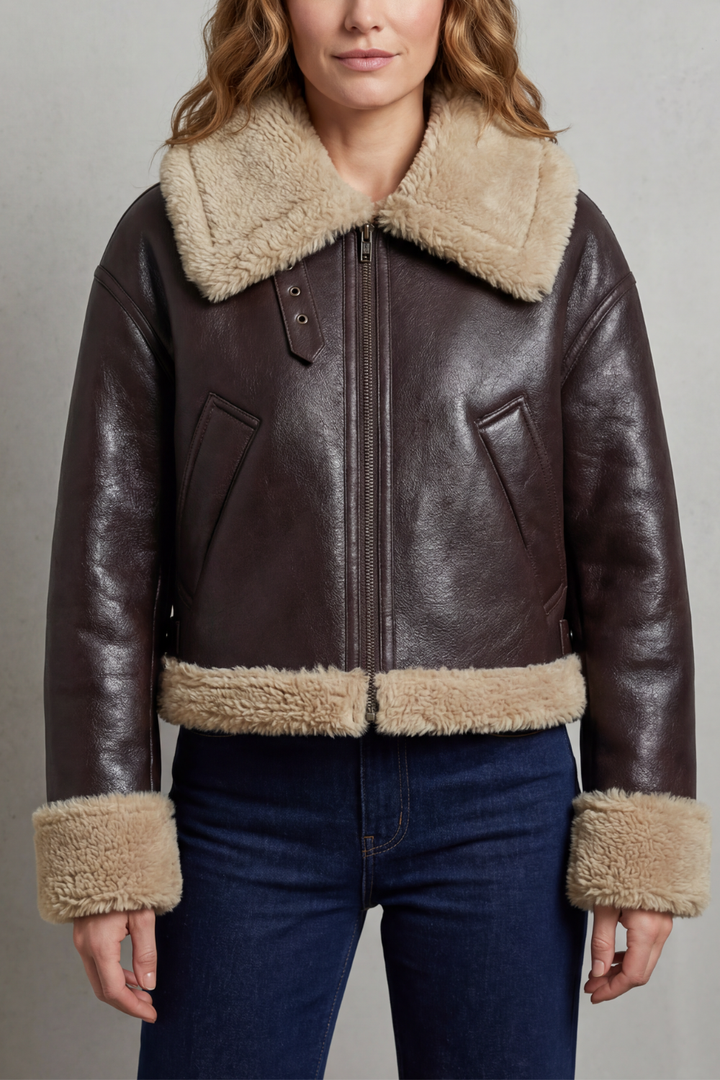 Women's reversible cropped aviator jacket for versatile fall & winter style.