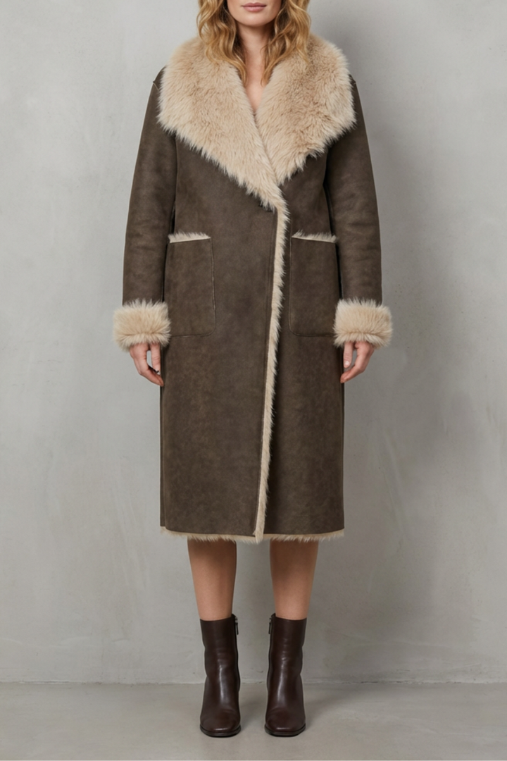 Women's reversible textured winter coat, showcasing its elegant dual style, warmth, and versatile design.