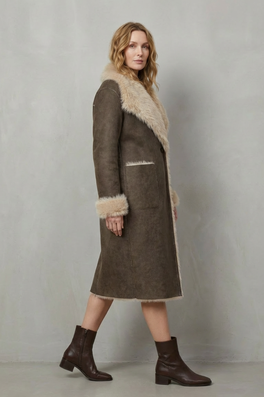 Elegant women's reversible coat, showing the smooth side, perfect for versatile fall-winter outerwear & warmth.