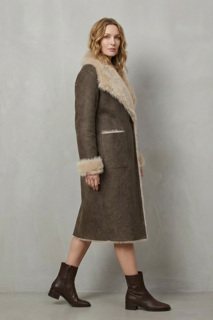 Elegant women's reversible coat, showing the smooth side, perfect for versatile fall-winter outerwear & warmth.