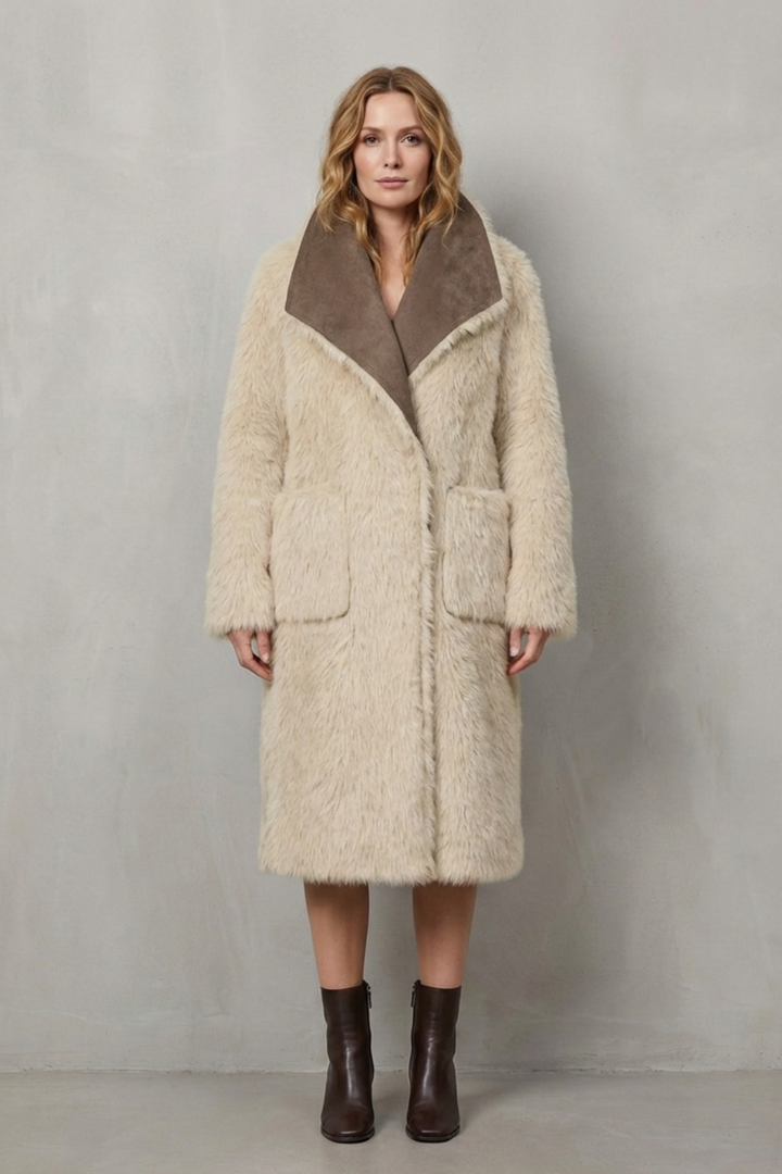 Close-up of the women's textured winter coat, highlighting the fabric and reversible design for elegant outerwear.
