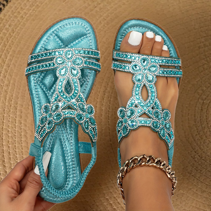 Women's rhinestone flat sandals, perfect for summer casual & evening wear with crystal embellished straps.