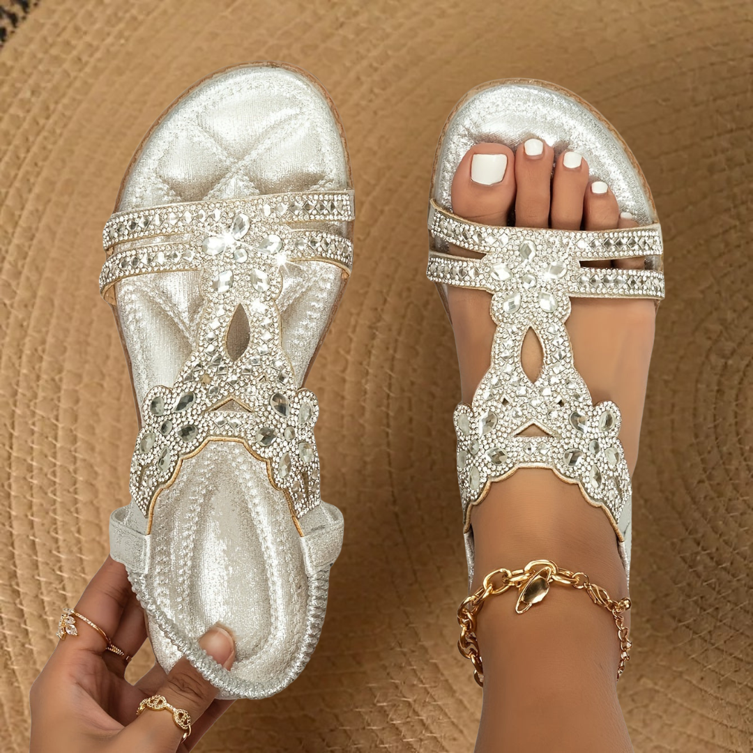 Women's slingback flat sandals with rhinestones, ideal for summer vacations and casual elegance.