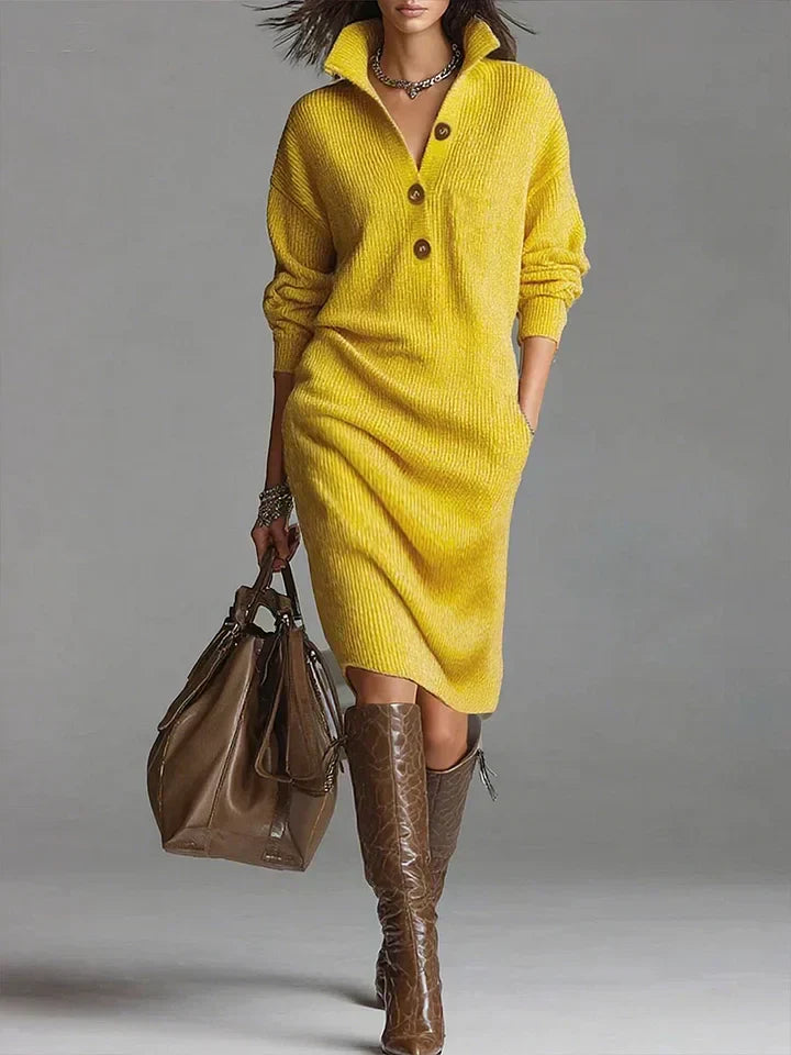 Women's ribbed button-front midi dress, perfect for casual or work wear with elegant comfort.