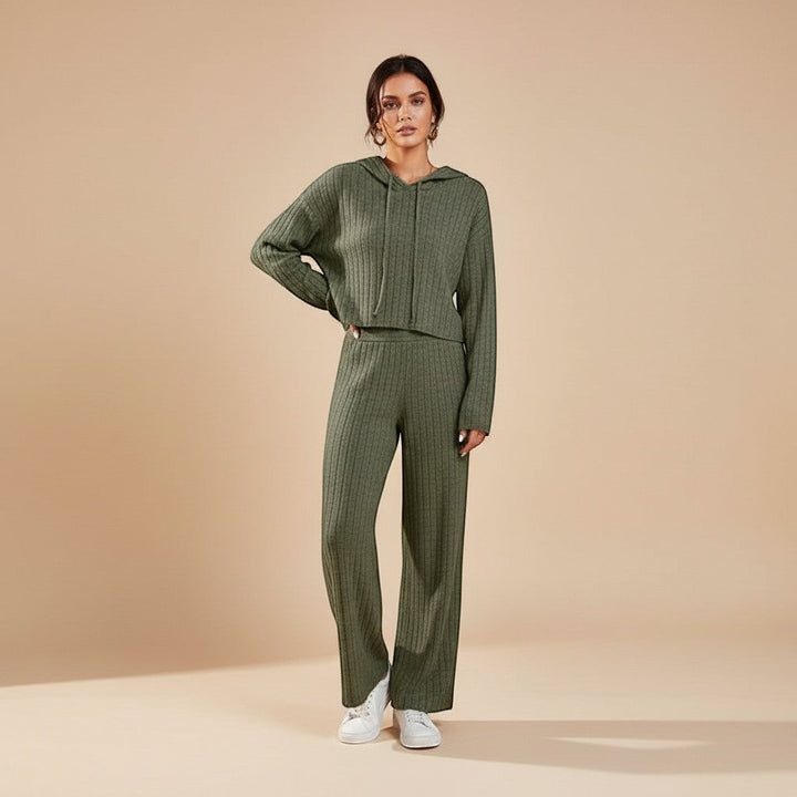 Women's ribbed hoodie & relaxed straight leg pants outfit. Cozy loungewear set for casual comfort and style.