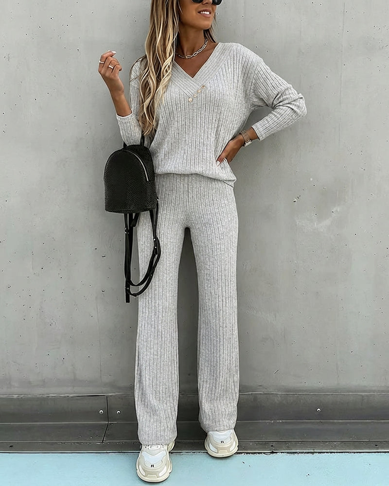 Women's comfortable knit set featuring a flattering V-neck