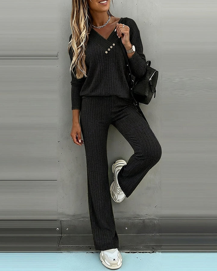 Ribbed knit women's loungewear set with v-neck and wide leg pants