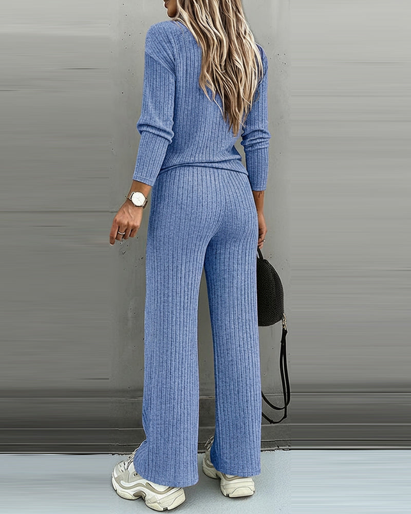 Comfy women's knit set: v-neck top and coordinating straight pants