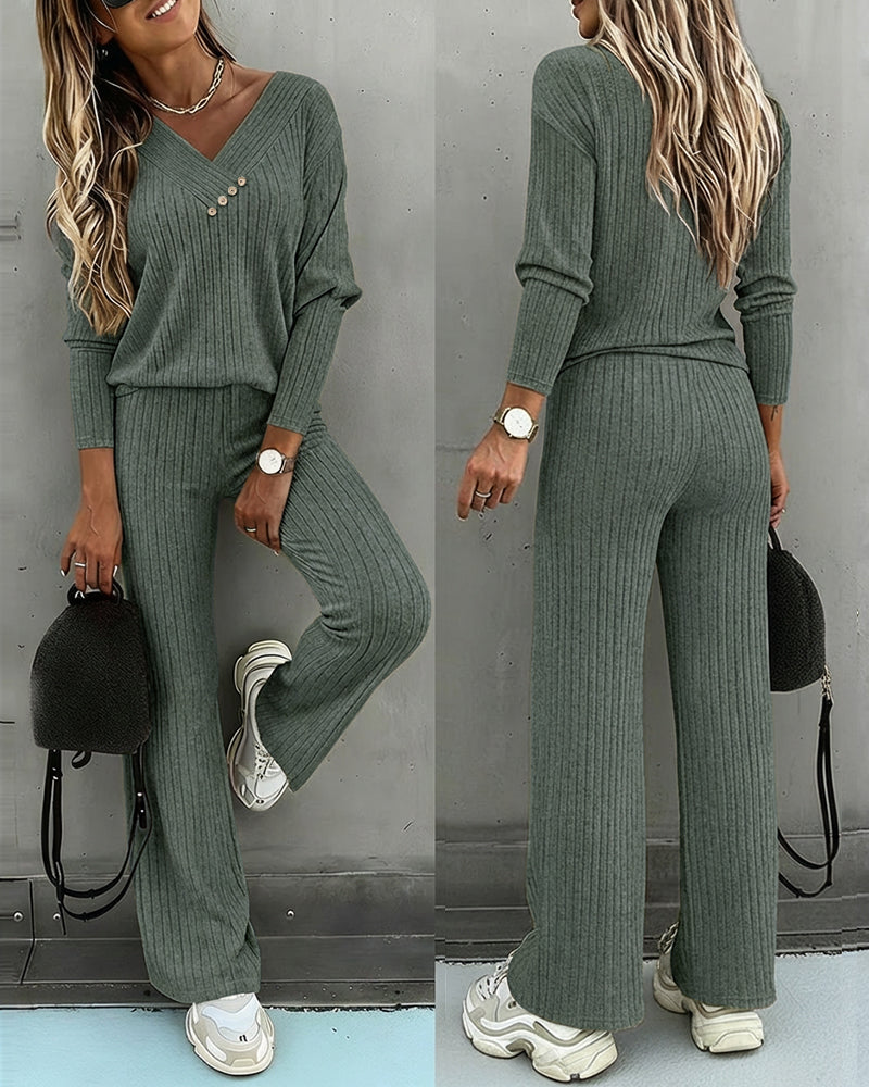 Casual ribbed knit two-piece set for women's comfort wear