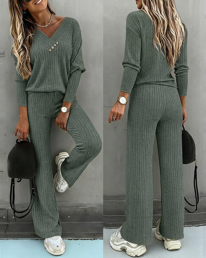 Casual ribbed knit two-piece set for women's comfort wear