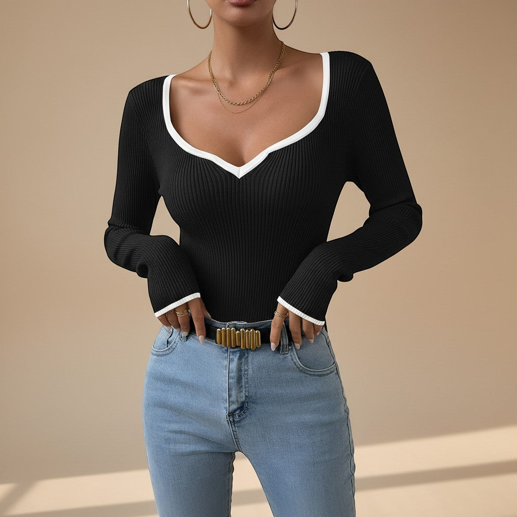 Women's ribbed long sleeve V-neck top with elegant contrast trim, perfect for fall fashion.