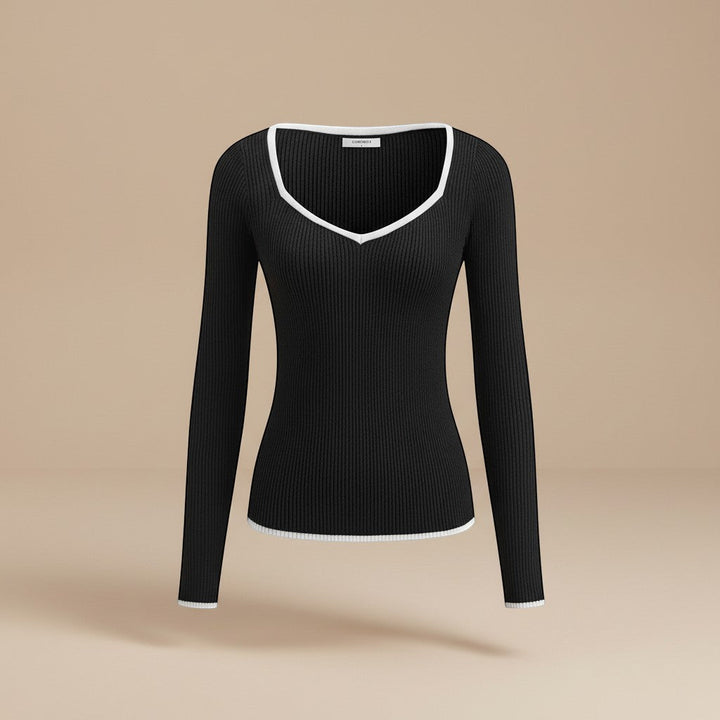 Stylish women's fitted ribbed top, long sleeve with V-neck and eye-catching contrast trim.