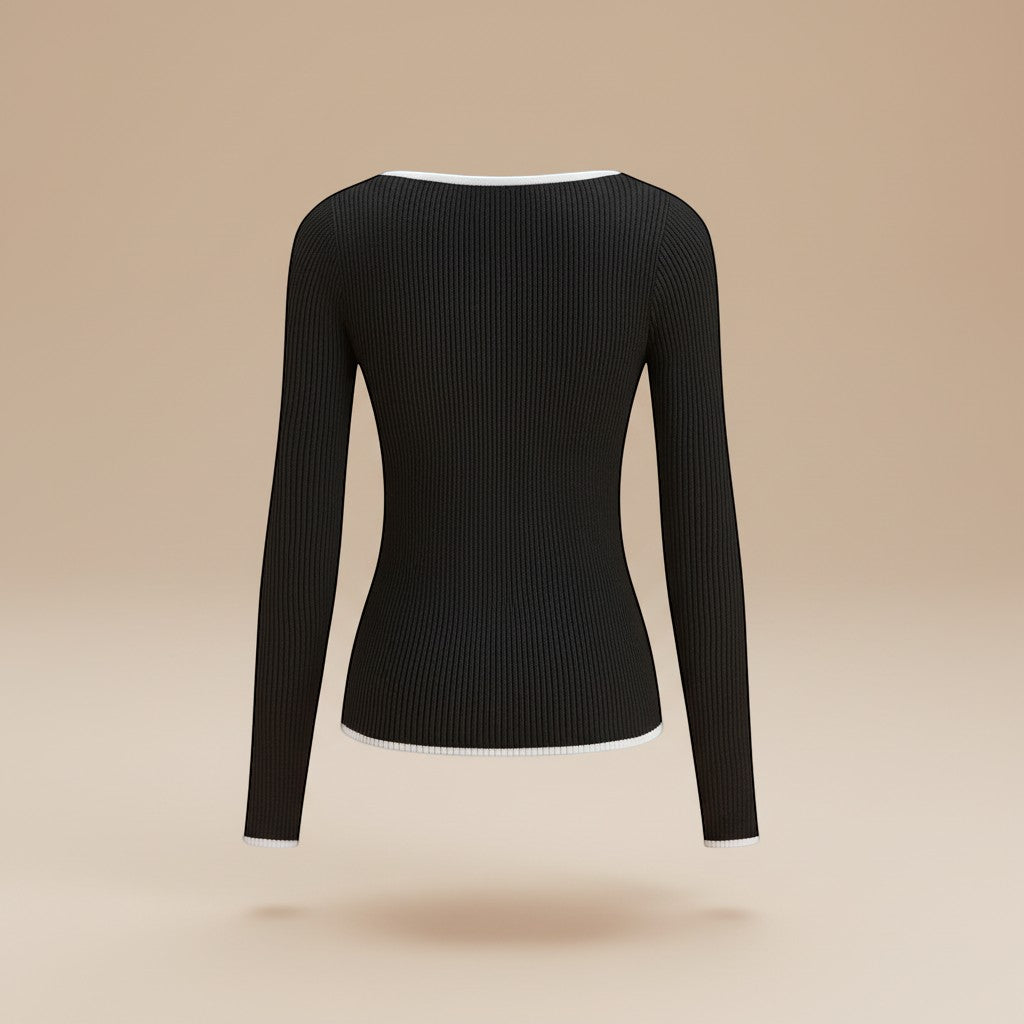 Versatile women's ribbed long sleeve top with elegant V-neck and contrast details for fall.