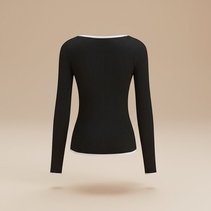 Versatile women's ribbed long sleeve top with elegant V-neck and contrast details for fall.