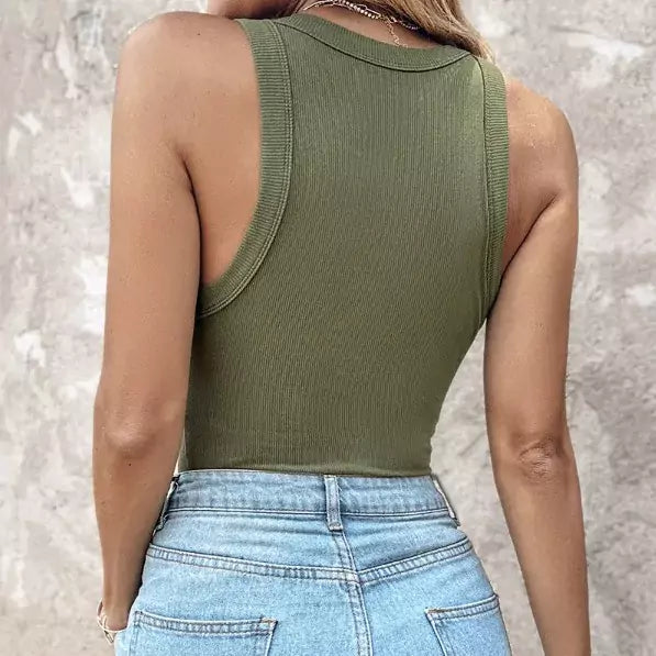 Versatile women's ribbed tank top with built-in bra, perfect for layering or as a stylish summer top.