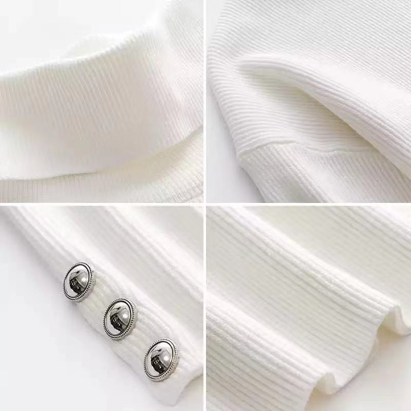 Warm women's ribbed turtleneck sweater, long sleeve with elegant button accents. Essential for winter wear.