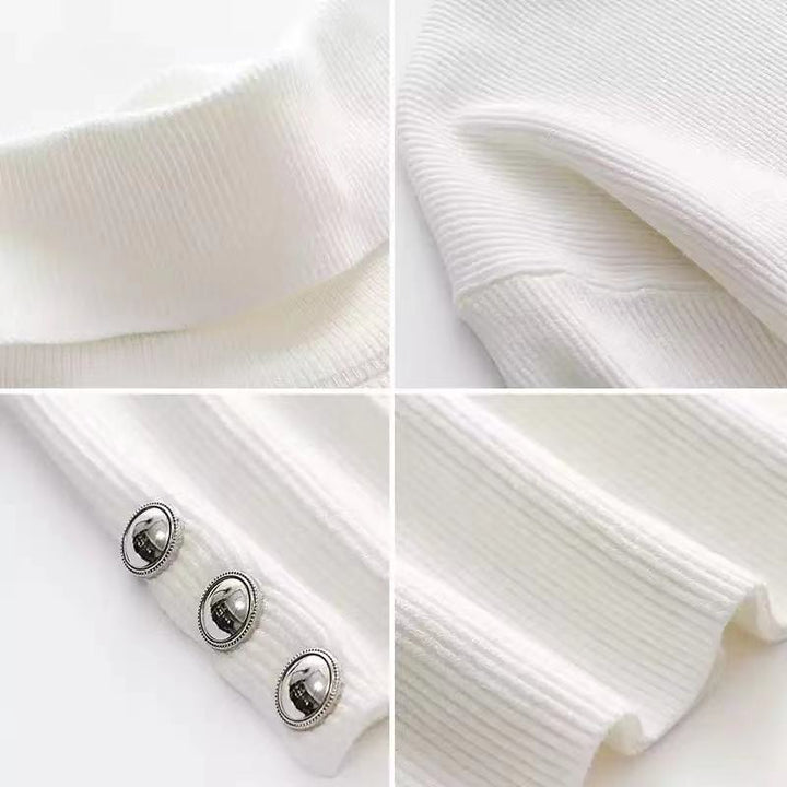 Warm women's ribbed turtleneck sweater, long sleeve with elegant button accents. Essential for winter wear.