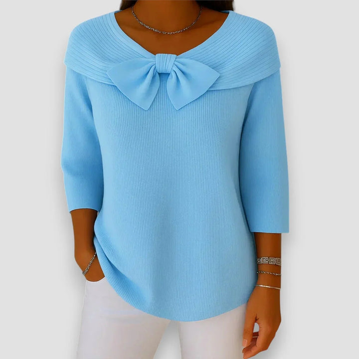 Women's ribbed V-neck sweater with elegant bow detail and 3/4 sleeves, perfect for chic casual wear.