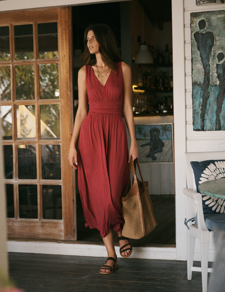 Draped rich chestnut babydoll maxi dress with V-neck, relaxed fit, perfect for comfort and style.