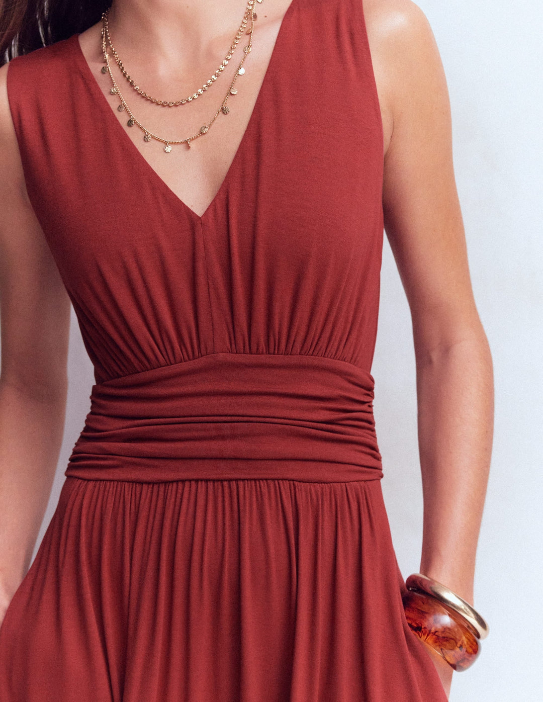 Comfortable women's rich chestnut draped maxi dress, babydoll style with a relaxed, long length fit.