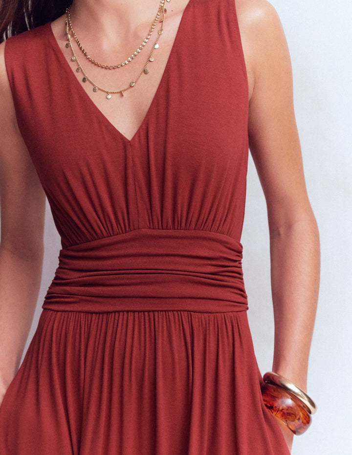 Comfortable women's rich chestnut draped maxi dress, babydoll style with a relaxed, long length fit.