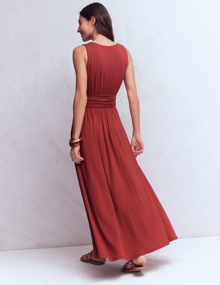 Versatile rich chestnut draped babydoll maxi dress, a flowy long dress for women's elegant fashion.